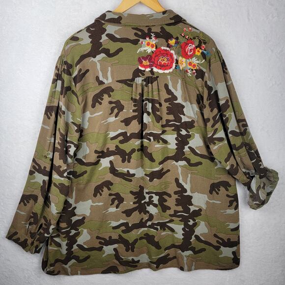 2X Boho Chic Button Top Roll Tab Sleeve Camo Colorful Embroidery Floral Andree - Picture 6 of 13